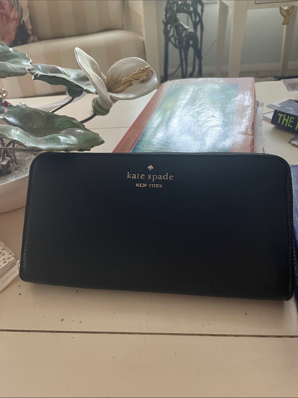 kate spade Black Leather Zip Around Wallet with Gold Logo